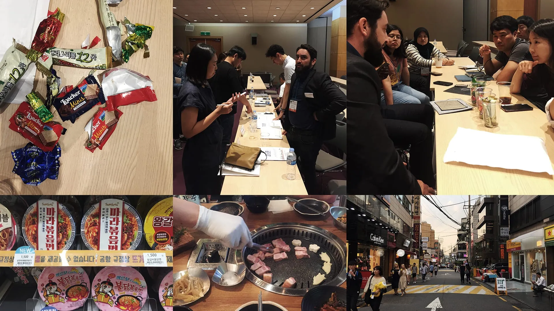 Collage des SURFTEX-Forschungsbesuchs in Seoul: Team-Workshops, koreanische Lebensmittelmarkt-Szenen und Stadtansichten