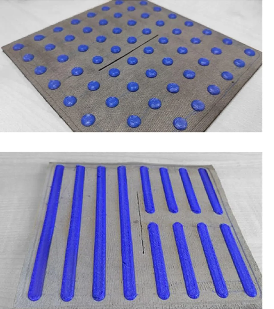 Nahaufnahme zweier Textilantennenmuster mit blauen leitfähigen Punkt- und Streifenmustern, hergestellt am ITA der RWTH Aachen